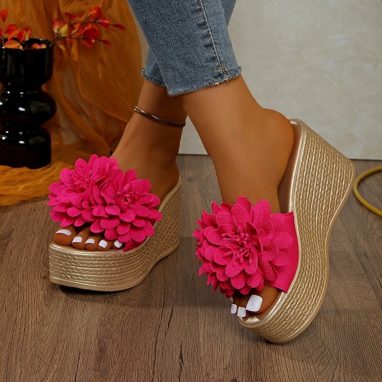 Moteriški šlepetės su stora platforma ir dideliu gėlių raštu, korėjiško stiliaus, atviras pirštas, PU viršus