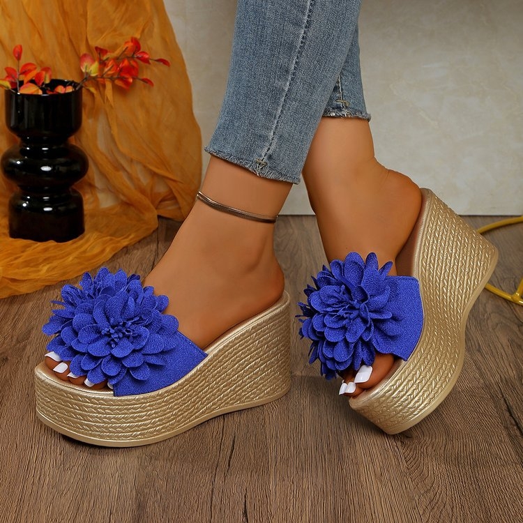 Moteriški šlepetės su stora platforma ir dideliu gėlių raštu, korėjiško stiliaus, atviras pirštas, PU viršus