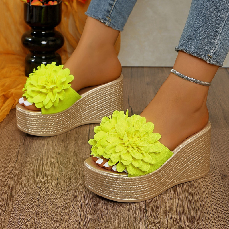 Moteriški šlepetės su stora platforma ir dideliu gėlių raštu, korėjiško stiliaus, atviras pirštas, PU viršus