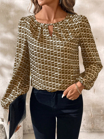 Полиестерна риза с цветни блокове, дълги ръкави, V-образно деколте, пуловер стил, регулярна кройка