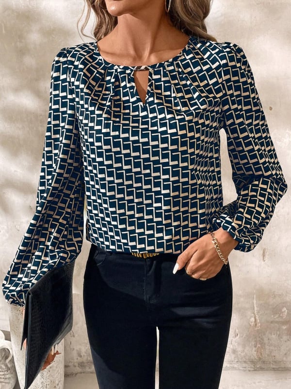 Полиестерна риза с цветни блокове, дълги ръкави, V-образно деколте, пуловер стил, регулярна кройка