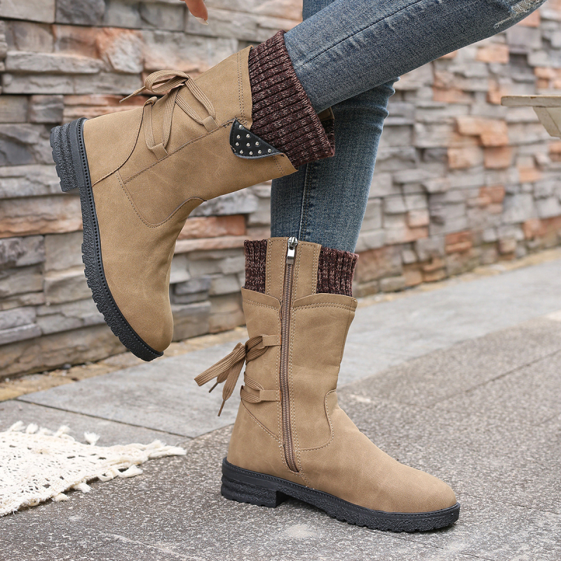 Дамски велурени мартин ботуши със средна височина на голенището, квадратен ток, кръгла пръст, страничен цип