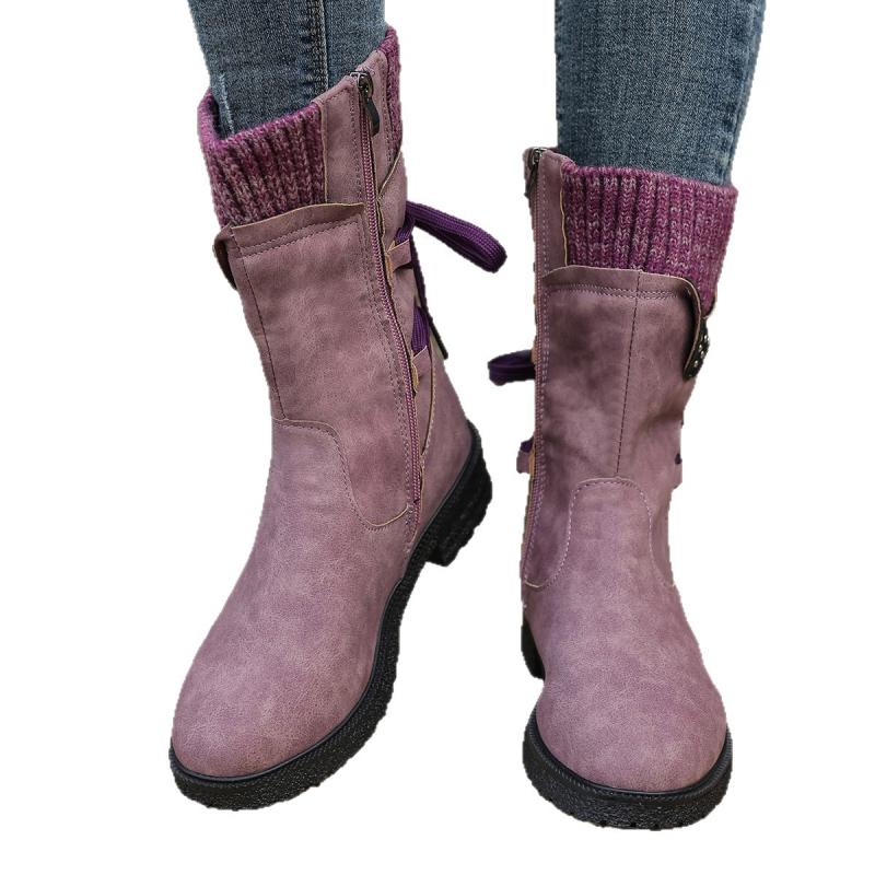 Дамски велурени мартин ботуши със средна височина на голенището, квадратен ток, кръгла пръст, страничен цип