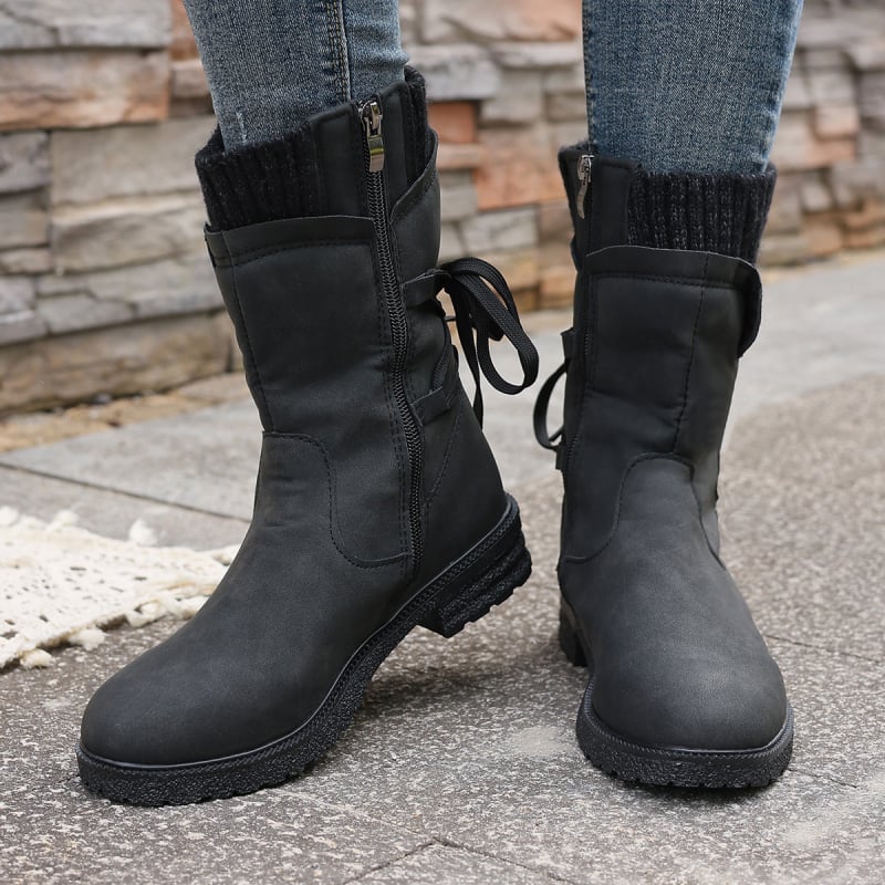 Дамски велурени мартин ботуши със средна височина на голенището, квадратен ток, кръгла пръст, страничен цип