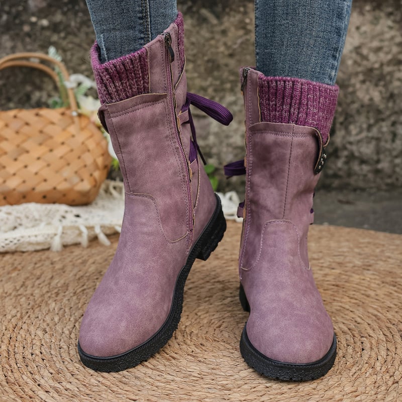 Дамски велурени мартин ботуши със средна височина на голенището, квадратен ток, кръгла пръст, страничен цип