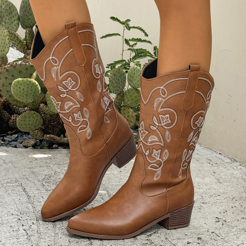 Модни дамски ботуши - Евро-американски стил, до средата на прасците, PU горна част, остър нос, дебел ток 3-5 см