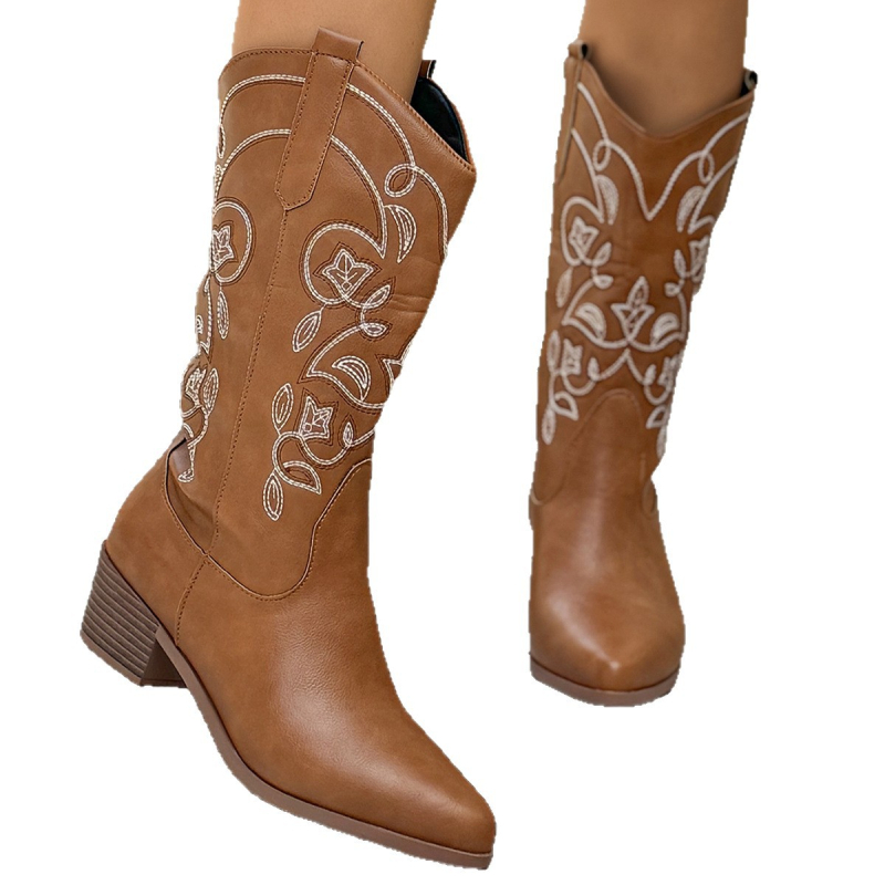 Модни дамски ботуши - Евро-американски стил, до средата на прасците, PU горна част, остър нос, дебел ток 3-5 см