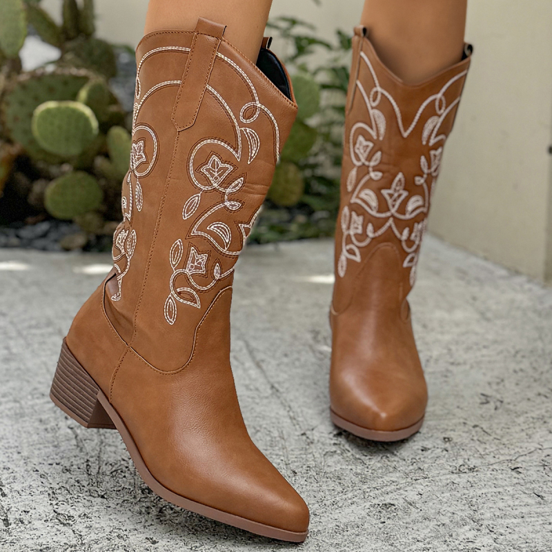 Модни дамски ботуши - Евро-американски стил, до средата на прасците, PU горна част, остър нос, дебел ток 3-5 см