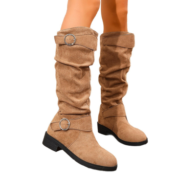 Дамски ездачни ботуши от велур, кръгла пръст, дебел ток, висок крачол, без цип