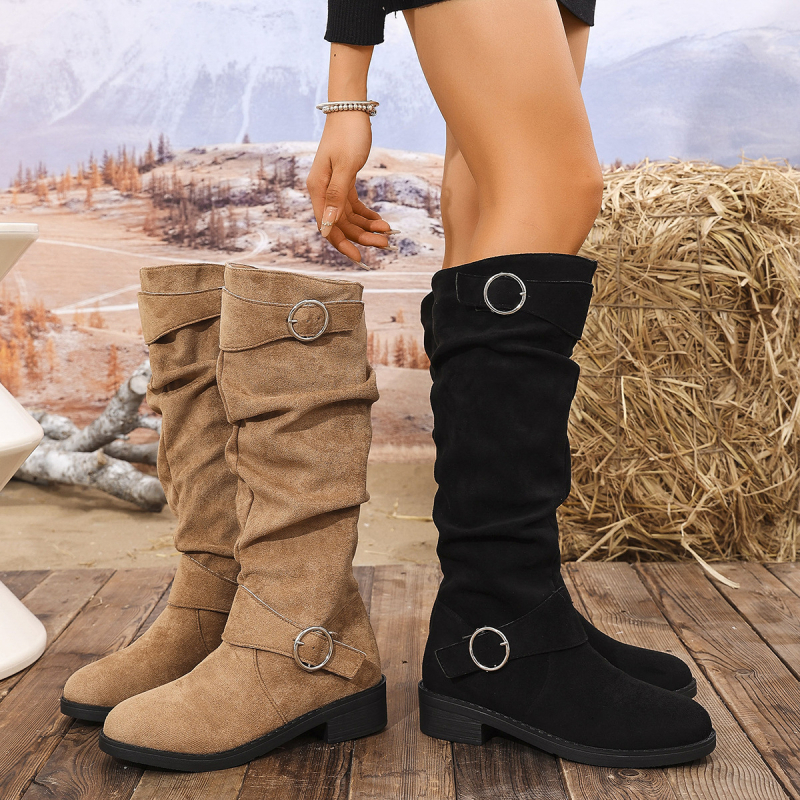 Дамски ездачни ботуши от велур, кръгла пръст, дебел ток, висок крачол, без цип