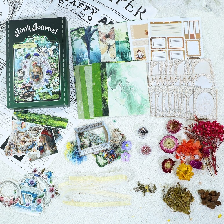 Donghong set samolepiek do denníka so sušenými kvetmi — PET a washi papier, tlačené pozadia