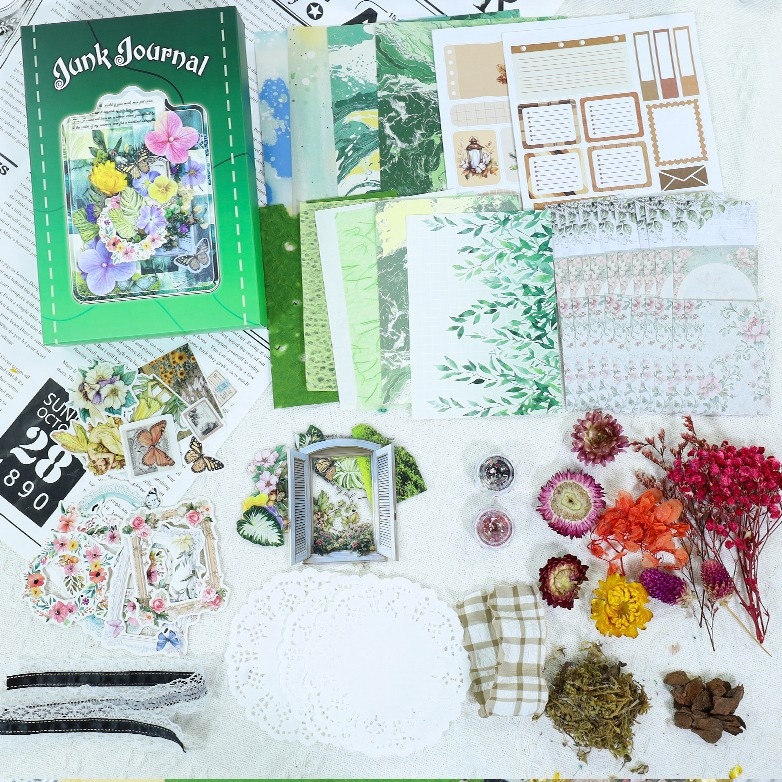 Donghong set samolepiek do denníka so sušenými kvetmi — PET a washi papier, tlačené pozadia