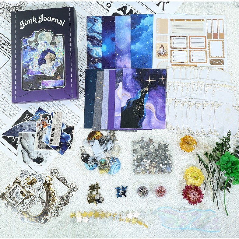 Donghong set samolepiek do denníka so sušenými kvetmi — PET a washi papier, tlačené pozadia