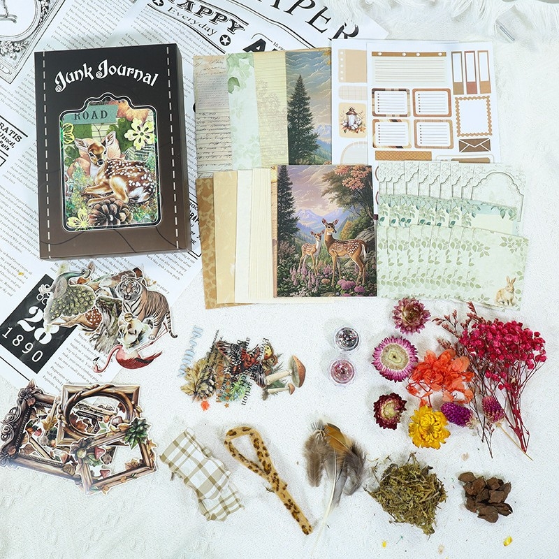 Donghong set samolepiek do denníka so sušenými kvetmi — PET a washi papier, tlačené pozadia