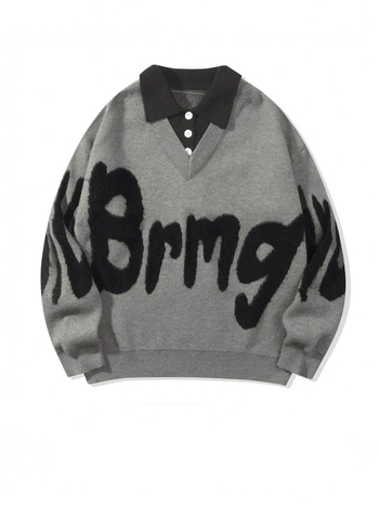 Двоен комплект плетени пуловери, корейски стил, свободен силует, кръгла яка, буквена бродерия, смес памук и вискоза