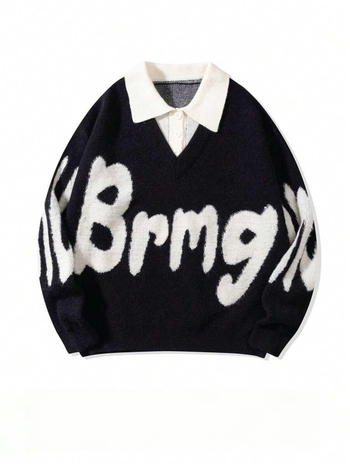 Двоен комплект плетени пуловери, корейски стил, свободен силует, кръгла яка, буквена бродерия, смес памук и вискоза