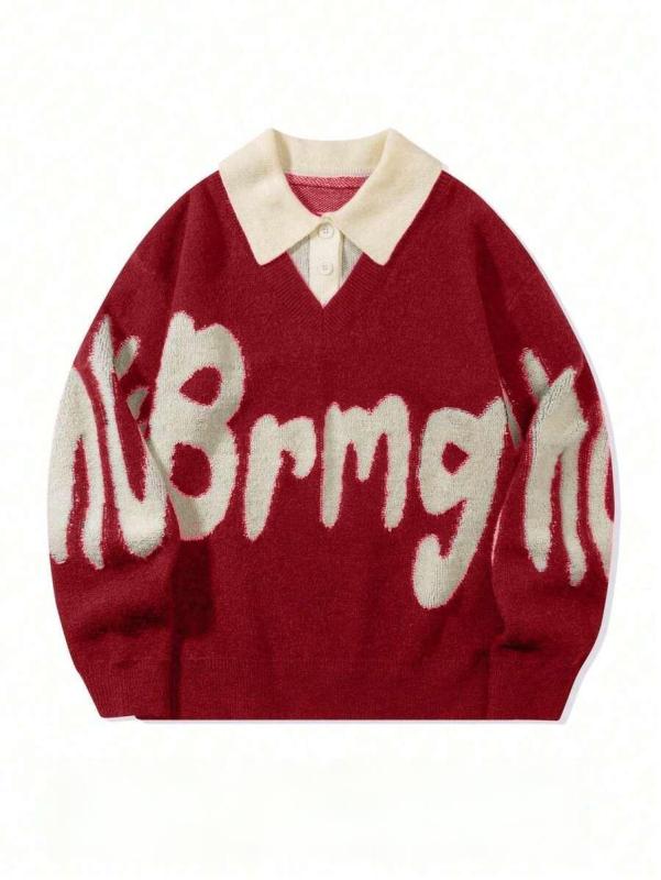 Двоен комплект плетени пуловери, корейски стил, свободен силует, кръгла яка, буквена бродерия, смес памук и вискоза