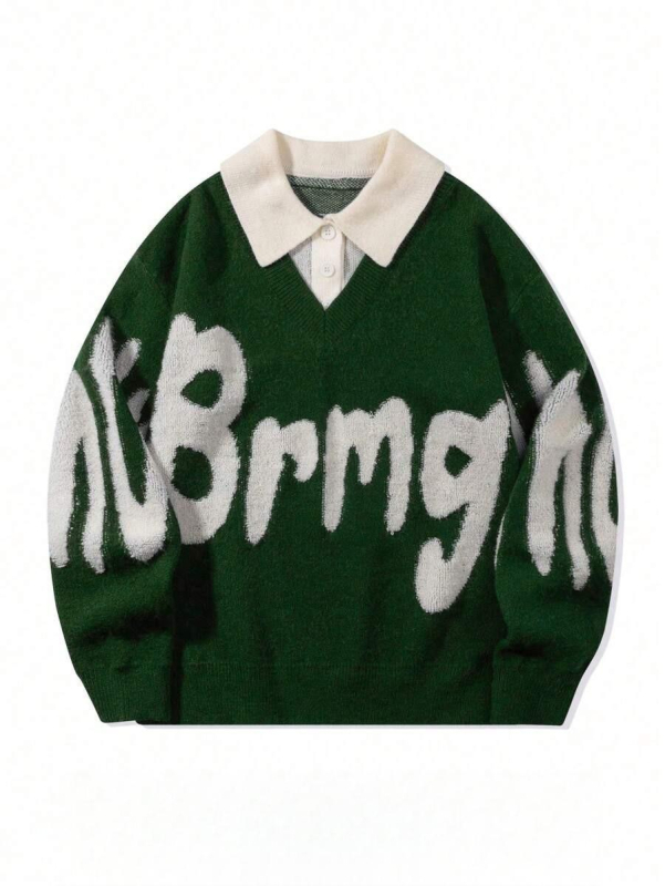 Двоен комплект плетени пуловери, корейски стил, свободен силует, кръгла яка, буквена бродерия, смес памук и вискоза