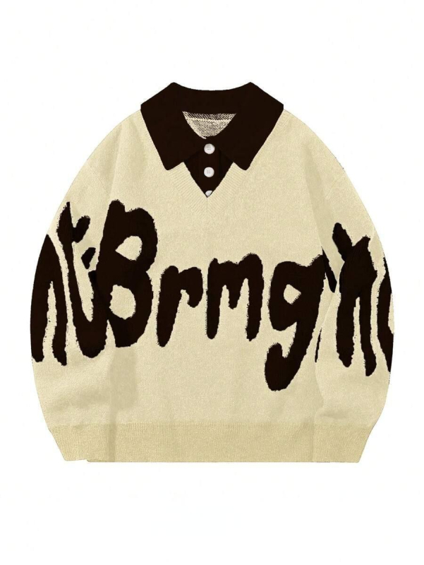 Двоен комплект плетени пуловери, корейски стил, свободен силует, кръгла яка, буквена бродерия, смес памук и вискоза