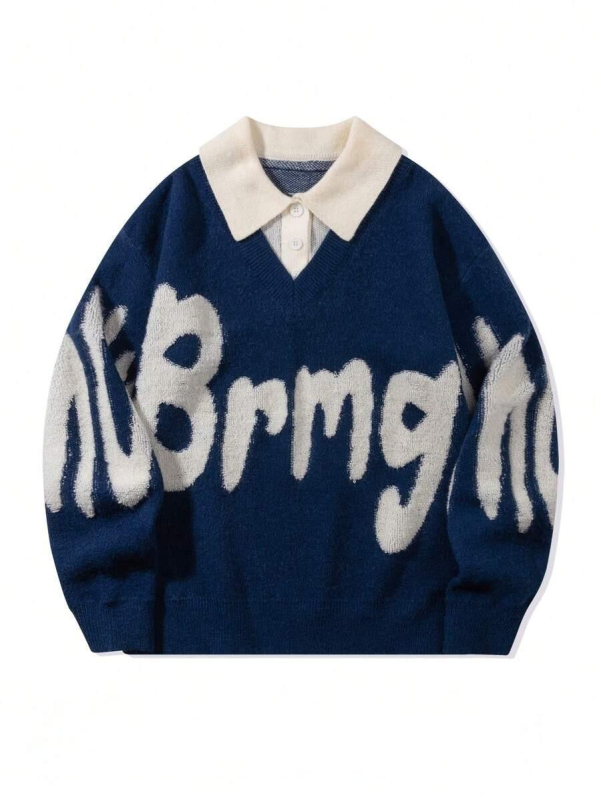 Двоен комплект плетени пуловери, корейски стил, свободен силует, кръгла яка, буквена бродерия, смес памук и вискоза