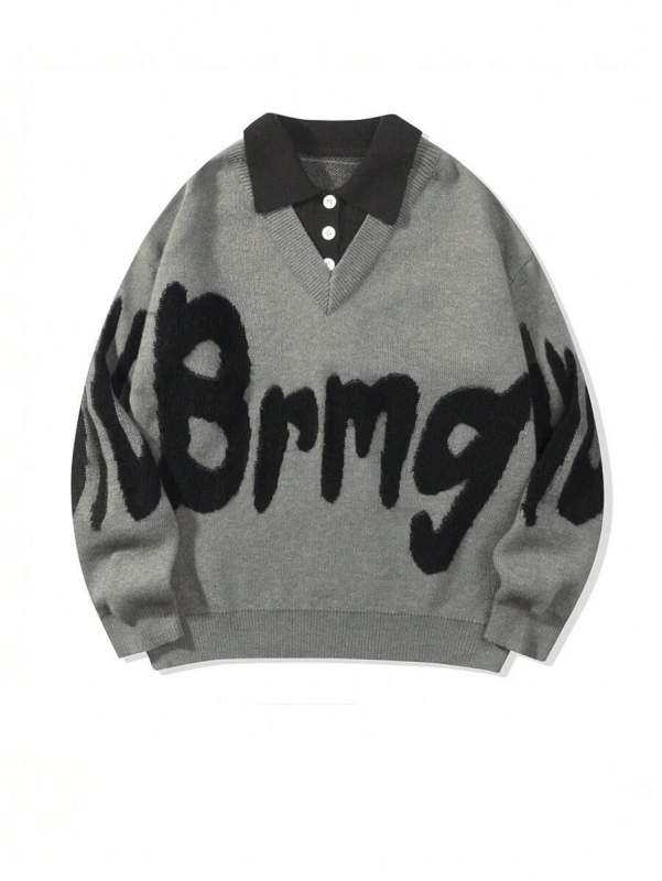 Двоен комплект плетени пуловери, корейски стил, свободен силует, кръгла яка, буквена бродерия, смес памук и вискоза