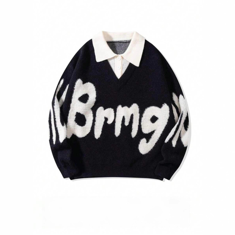 Двоен комплект плетени пуловери, корейски стил, свободен силует, кръгла яка, буквена бродерия, смес памук и вискоза