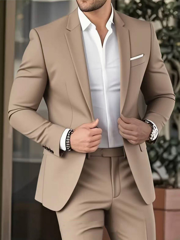Мъжки Slim-Fit костюм сет от полиестер, Peak Lapel, едно копче, централна задна цепка