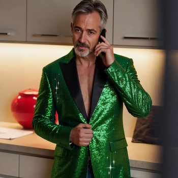 Vyrinis sequin švarkas, Korėjos stilius, pagrindinė audinio sudėtis 100% poliesteris, pamušalas poliesteris, vienu mygtuko užsegimas, ilgomis rankovėmis, kišenės su patch detalėmis, tinkamas visoms sezonoms