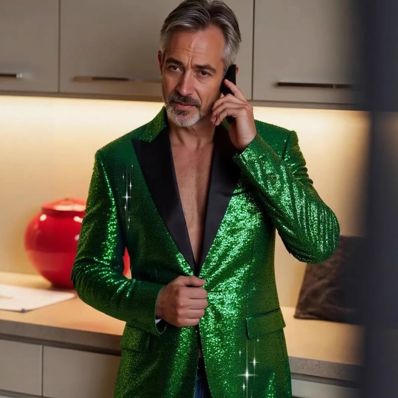 Vyrinis sequin švarkas, Korėjos stilius, pagrindinė audinio sudėtis 100% poliesteris, pamušalas poliesteris, vienu mygtuko užsegimas, ilgomis rankovėmis, kišenės su patch detalėmis, tinkamas visoms sezonoms