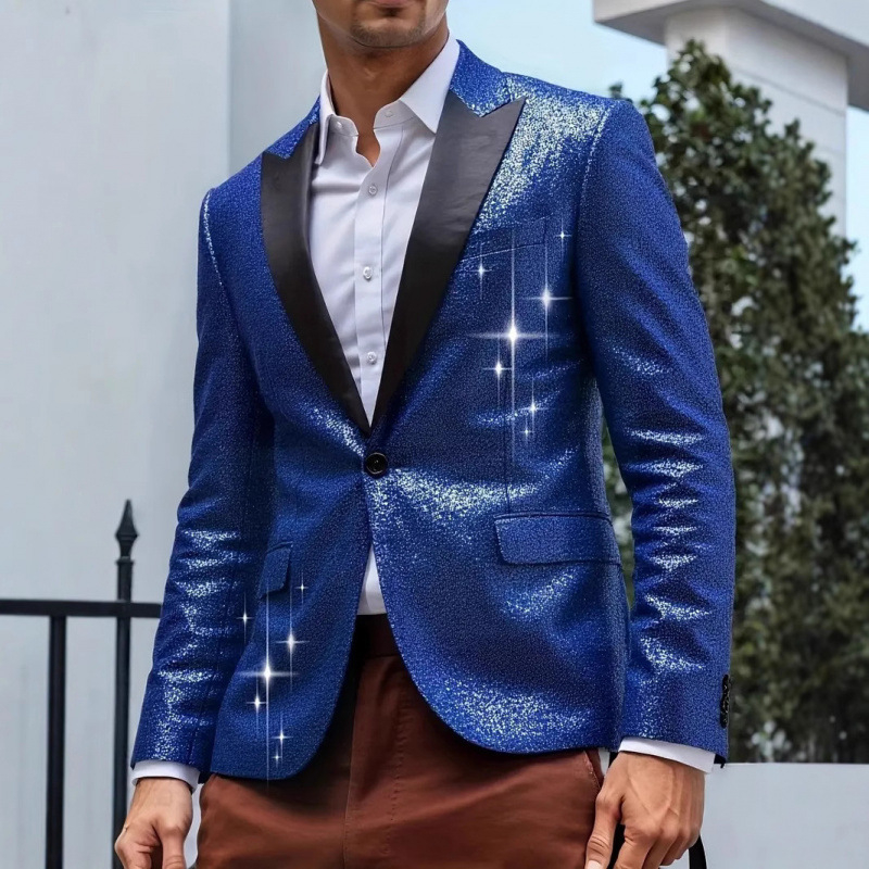 Vyrinis sequin švarkas, Korėjos stilius, pagrindinė audinio sudėtis 100% poliesteris, pamušalas poliesteris, vienu mygtuko užsegimas, ilgomis rankovėmis, kišenės su patch detalėmis, tinkamas visoms sezonoms