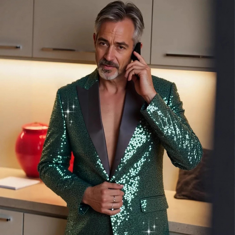 Vyrinis sequin švarkas, Korėjos stilius, pagrindinė audinio sudėtis 100% poliesteris, pamušalas poliesteris, vienu mygtuko užsegimas, ilgomis rankovėmis, kišenės su patch detalėmis, tinkamas visoms sezonoms