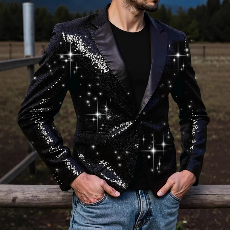 Vyrinis sequin švarkas, Korėjos stilius, pagrindinė audinio sudėtis 100% poliesteris, pamušalas poliesteris, vienu mygtuko užsegimas, ilgomis rankovėmis, kišenės su patch detalėmis, tinkamas visoms sezonoms