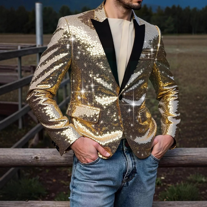 Vyrinis sequin švarkas, Korėjos stilius, pagrindinė audinio sudėtis 100% poliesteris, pamušalas poliesteris, vienu mygtuko užsegimas, ilgomis rankovėmis, kišenės su patch detalėmis, tinkamas visoms sezonoms