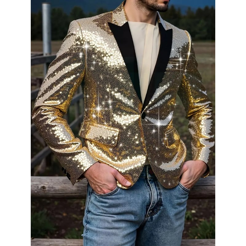 Vyrinis sequin švarkas, Korėjos stilius, pagrindinė audinio sudėtis 100% poliesteris, pamušalas poliesteris, vienu mygtuko užsegimas, ilgomis rankovėmis, kišenės su patch detalėmis, tinkamas visoms sezonoms