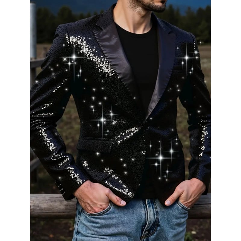 Vyrinis sequin švarkas, Korėjos stilius, pagrindinė audinio sudėtis 100% poliesteris, pamušalas poliesteris, vienu mygtuko užsegimas, ilgomis rankovėmis, kišenės su patch detalėmis, tinkamas visoms sezonoms