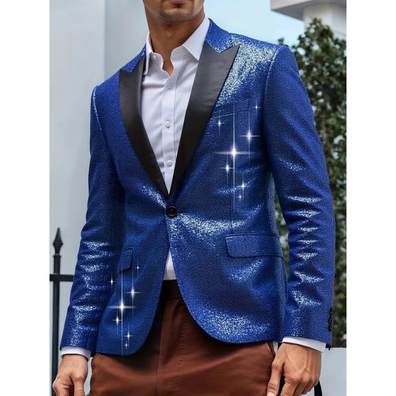 Vyrinis sequin švarkas, Korėjos stilius, pagrindinė audinio sudėtis 100% poliesteris, pamušalas poliesteris, vienu mygtuko užsegimas, ilgomis rankovėmis, kišenės su patch detalėmis, tinkamas visoms sezonoms