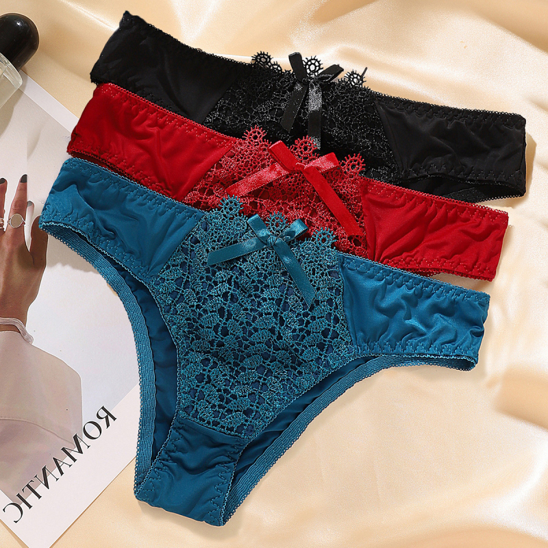 Дантелени дамски бикини, нисък талия, дишащ найлон, повдигаща седалището