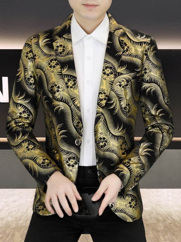 Bleizeris su auksinio folijos įspaudu ir languotu raštu, korėjiečio stiliaus, siaura kirpimo, vieno mygtuko užsegimas