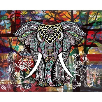 Правоъгълен стенен гоблен с мотив слон в ретро винтидж стил; 100% полиестер, дигитален топлинен трансфер, машинно пране.