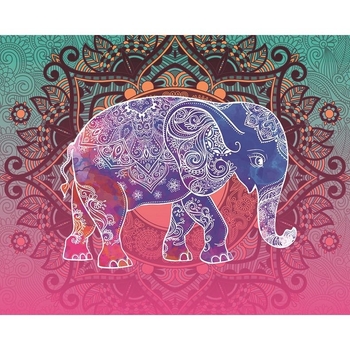 Правоъгълен стенен гоблен с мотив слон в ретро винтидж стил; 100% полиестер, дигитален топлинен трансфер, машинно пране.