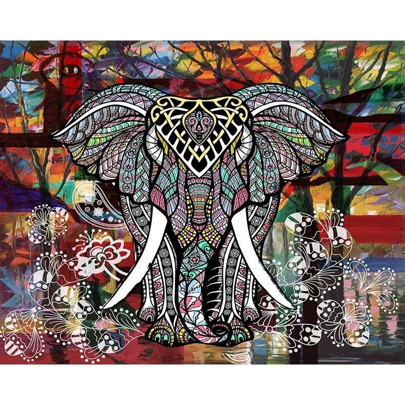 Правоъгълен стенен гоблен с мотив слон в ретро винтидж стил; 100% полиестер, дигитален топлинен трансфер, машинно пране.