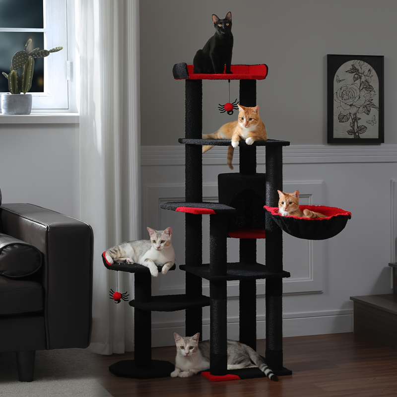 Veľká vnútorná mačacia veža – kaktus dizajn, bavlnený materiál, ručne kreslený vzor, jarová použiteľnosť, uvedená na trh v lete 2021