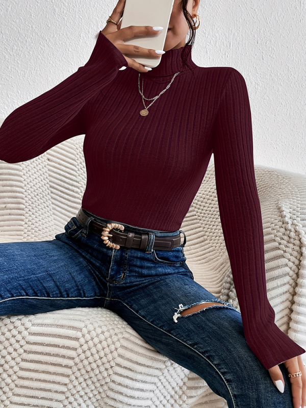 Pleten džemper s visokim ovratnikom, uskog kroja, dugih rukava, poliester s elastanom, pletene tkanina, standardna duljina (50–65 cm)