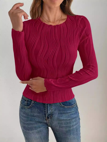 Слим-фит тениска с жакардова шарка и райета, дълги ръкави, полиестер, кръгло деколте, пролет 2024