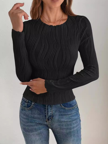 Слим-фит тениска с жакардова шарка и райета, дълги ръкави, полиестер, кръгло деколте, пролет 2024