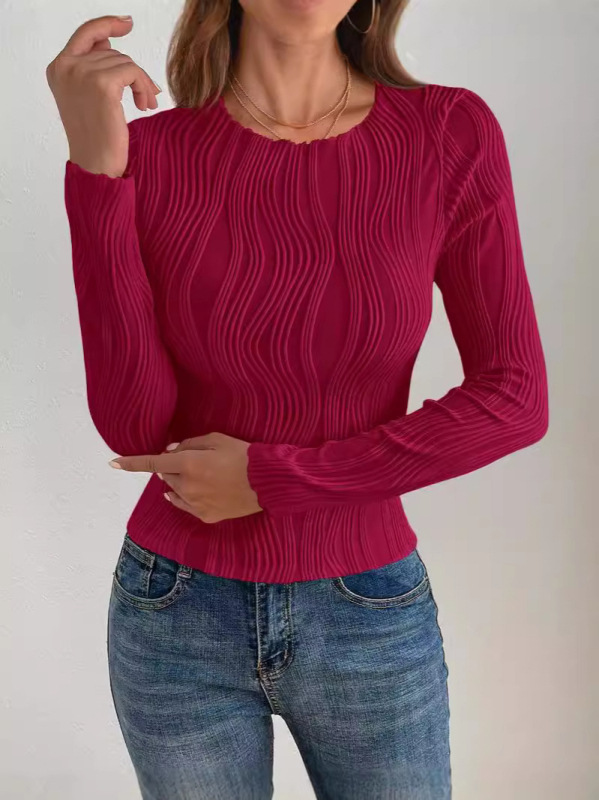 Слим-фит тениска с жакардова шарка и райета, дълги ръкави, полиестер, кръгло деколте, пролет 2024