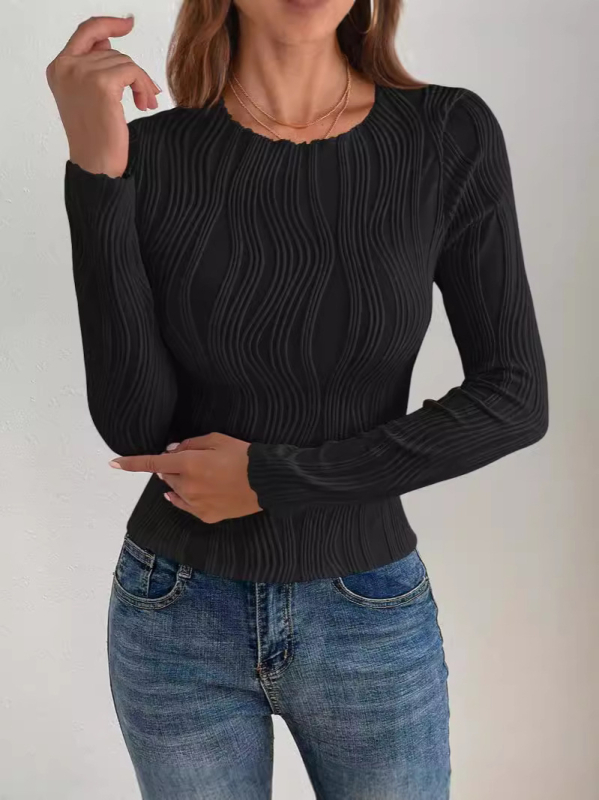 Слим-фит тениска с жакардова шарка и райета, дълги ръкави, полиестер, кръгло деколте, пролет 2024