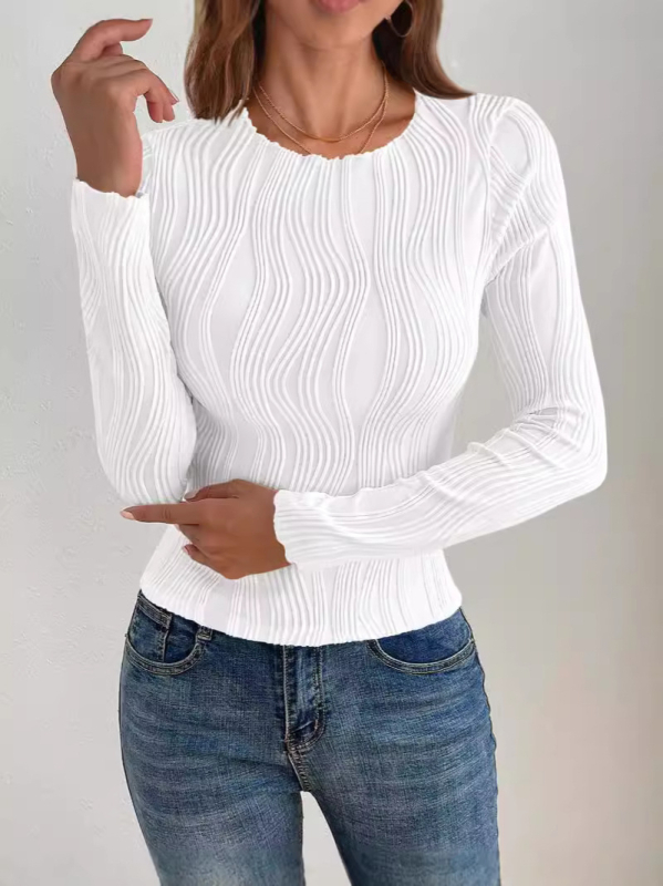 Слим-фит тениска с жакардова шарка и райета, дълги ръкави, полиестер, кръгло деколте, пролет 2024