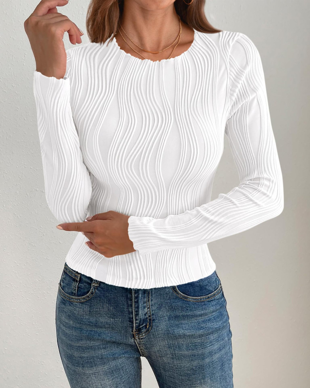 Слим-фит тениска с жакардова шарка и райета, дълги ръкави, полиестер, кръгло деколте, пролет 2024