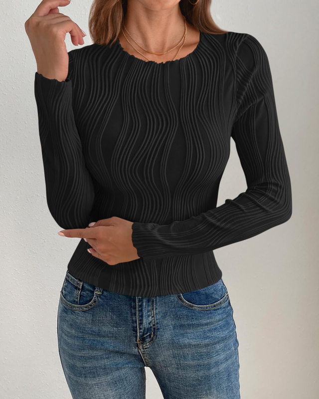 Слим-фит тениска с жакардова шарка и райета, дълги ръкави, полиестер, кръгло деколте, пролет 2024